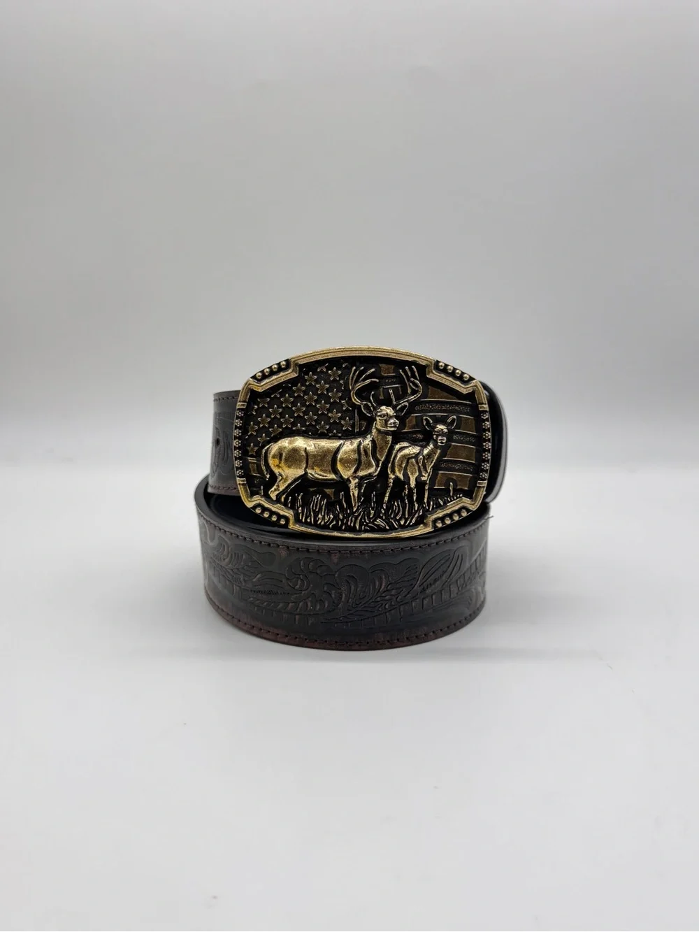 Matix Western Leather Belt 36 NWT Tooled Tooled Floral Deer American Flag Buckle